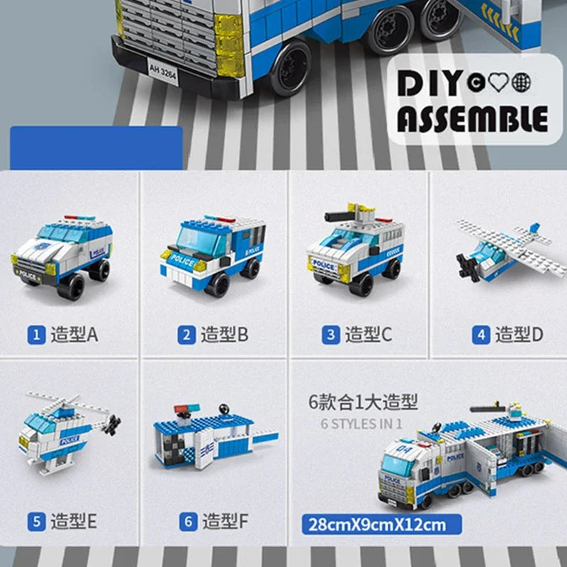 6in1 Police Sports Car Fire Engine Mini Loader Truck Plane Classic City Model Building Blocks Set Bricks Toy Gift for Kids