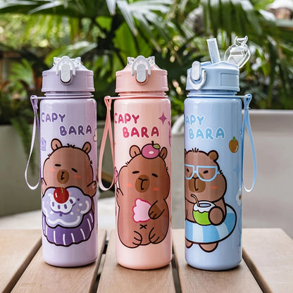 750ml/26oz Cute Cartoon Plastic Water Bottle with Straw Multi-Style Selection for Outdoor Sports Travel Camping Festive Parties