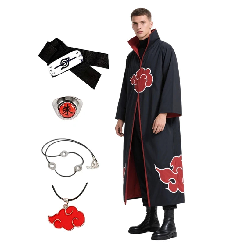 Anime Akatsuki Cosplay Costume Red Cloud Robe with Necklace Headband Ring Set for Role Play Child and Adult Game Costume
