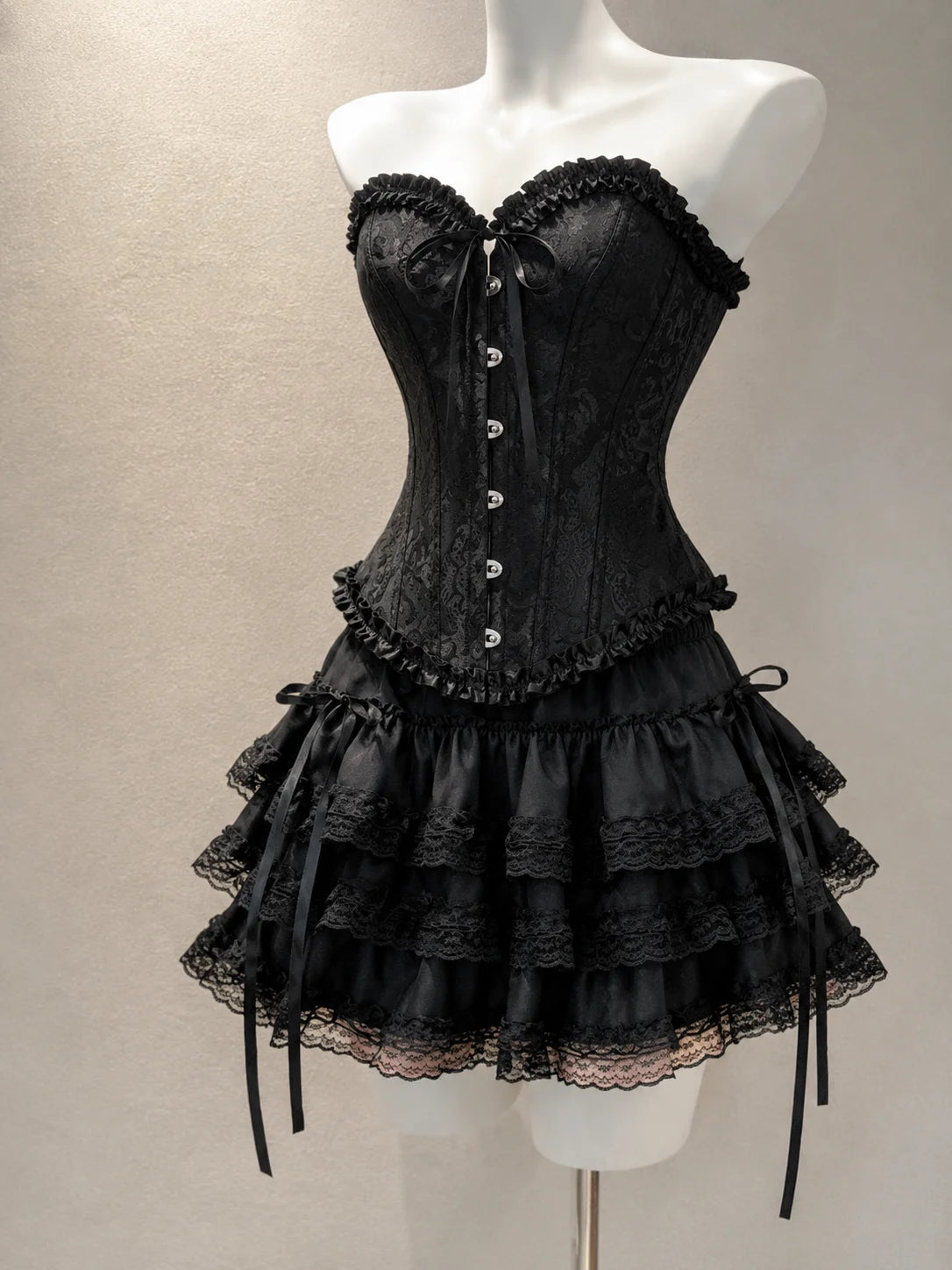 Japanese E-girl Gothic Vintage Dress Women Half High Neck Short Sleeve Bow Lace Mini Dress Cinch Waist Sweet Spicy Black Dress