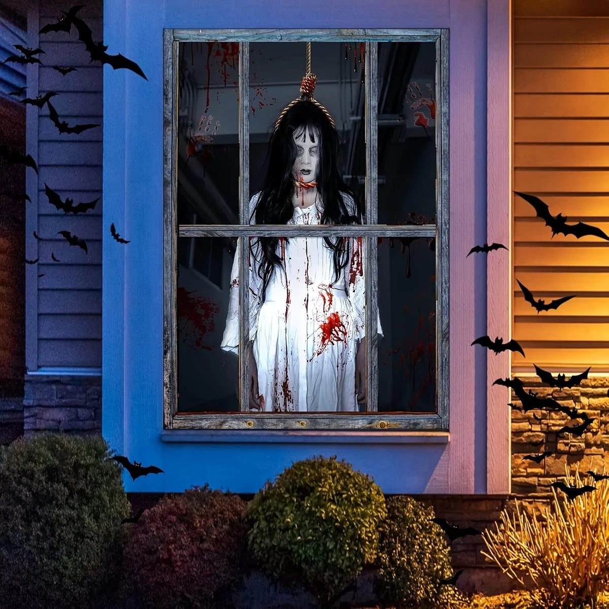 Halloween Window Party Banner Scary Female Ghost Window Cover Decorations Clings, Creepy Door Silhouette Banner for Indoor Outdo
