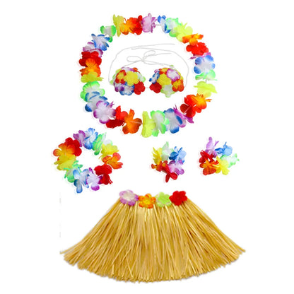 Hawaiian Dance Child Skirt with Leis Costume, Elastic Luau Grass, Hawaiian Flower Bracelets, Headband, Necklace, 40cm, 5pcs 6Pcs