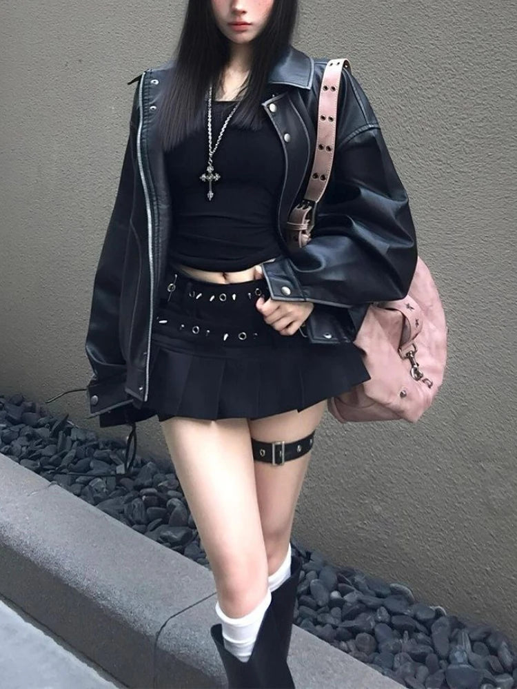 Black High Street Gothic Rivet Mini Skirt Woman Y2K Style Korean Fashion Aesthetic Skirts Elegant Retro A-line Denim Outfit 2025