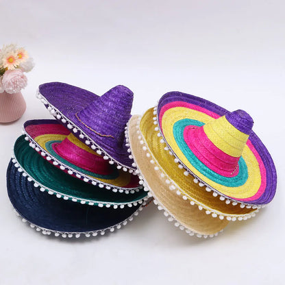 Summer Colorful Wide Brim Mexican Party Hat Halloween Sombrero Straw Hats Decor Party Beach Hat Men