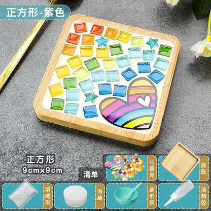 Handmade DIY Mosaic Cup Mat Bottom Bamboo Pad Heart Square Coaster Parent-Child Early Education Free Creation Handicraft Toys