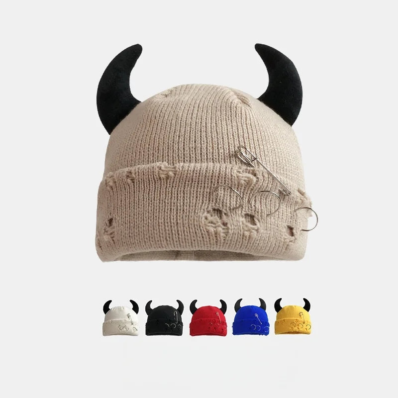 New Unisex Knitted Beanie With Devil Horns Halloween Distressed Skull Cap Hip Hop Winter Warm Yarn Hat For Men Women