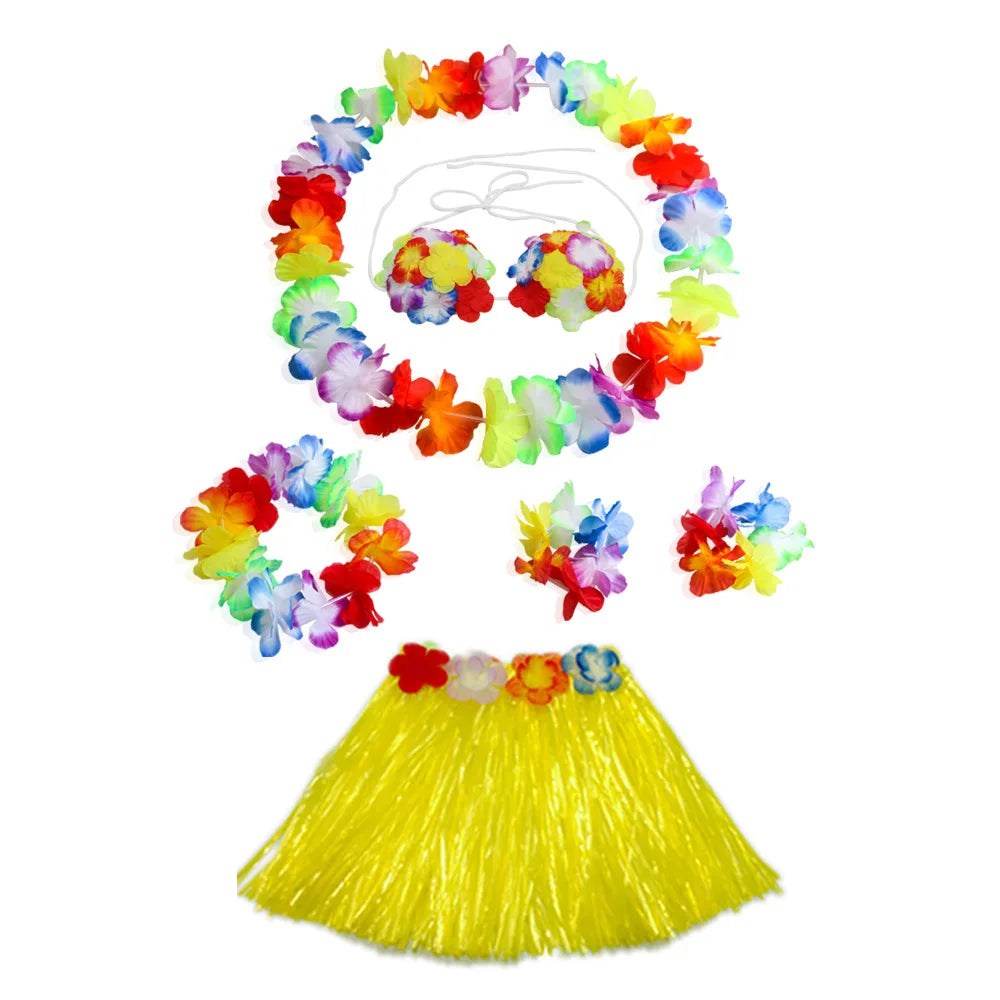 Hawaiian Dance Child Skirt with Leis Costume, Elastic Luau Grass, Hawaiian Flower Bracelets, Headband, Necklace, 40cm, 5pcs 6Pcs