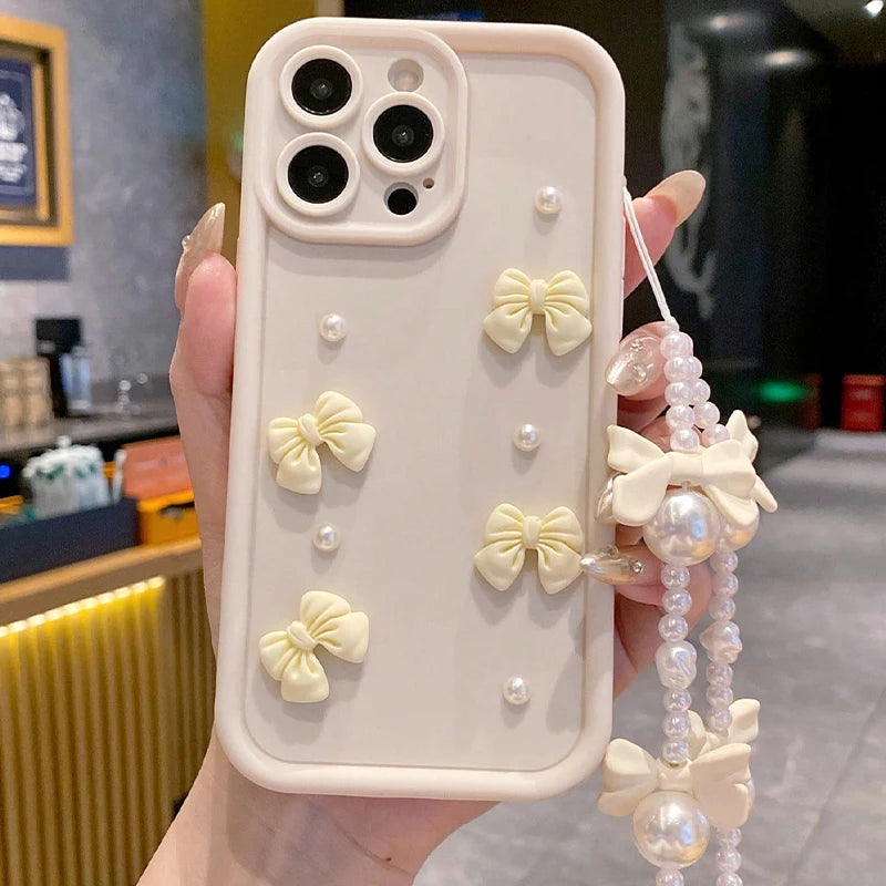 Korean 3D Bowknot Pearl Silicone Phone Case For iPhone 18 16 17 Pro 15 14 13 12 11 Pro Max 16E 7 8 Plus With Lanyard Soft Cover