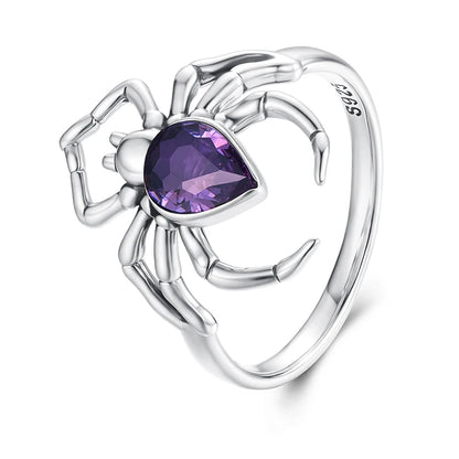 WOSTU Real 925 Sterling Silver Purple Spider Statement Ring For Women , Big CZ Vintage Punk Animal Rings Halloween Gift CQR1158