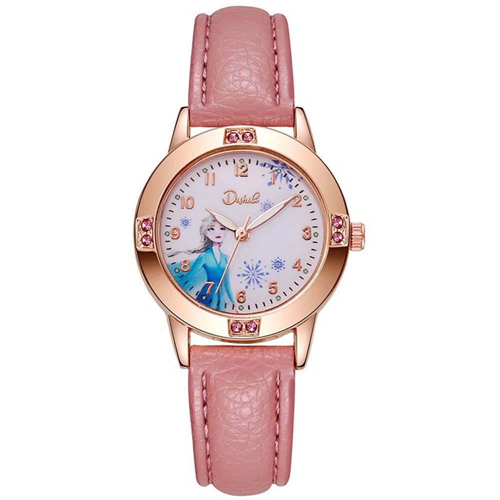 Cartoon Princess Girl Children's Fashion Watch Quartz Movement PU Leather Strap Female Student Watch Suitable for Children's Gif