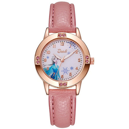Cartoon Princess Girl Children's Fashion Watch Quartz Movement PU Leather Strap Female Student Watch Suitable for Children's Gif