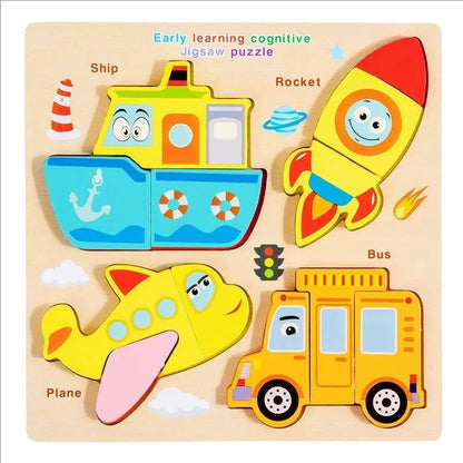Montessori Wooden 3D Puzzle for Toddlers Animal & Vehicle Shape Matching Blocks Educational Sensory Learning Toy Kids 1-3 Years