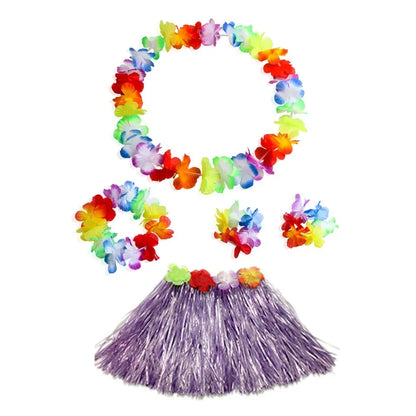 Hawaiian Dance Child Skirt with Leis Costume, Elastic Luau Grass, Hawaiian Flower Bracelets, Headband, Necklace, 40cm, 5pcs 6Pcs