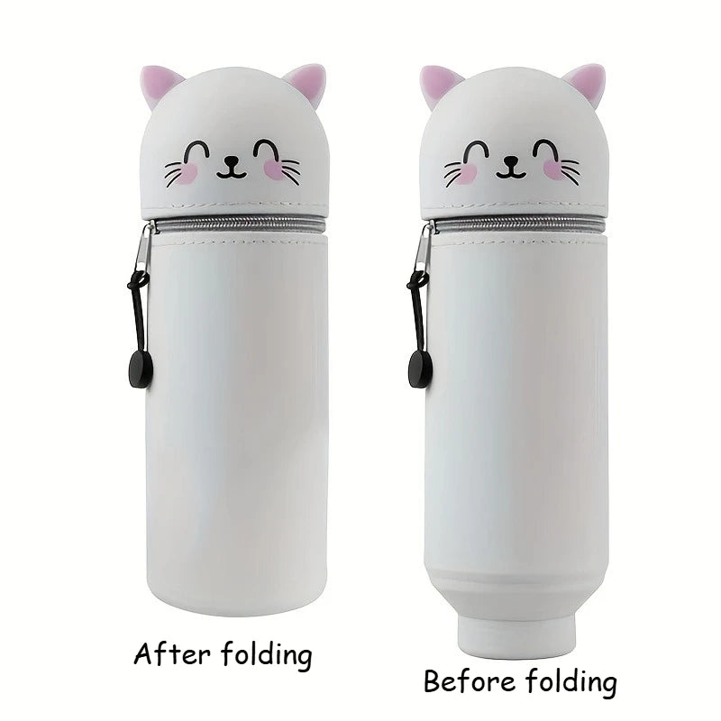 2-in-1 Expandable Silicone Pencil Case & Desk Organizer, Cute Cat Design for School Office Home, Soft Durable Stationery Storage