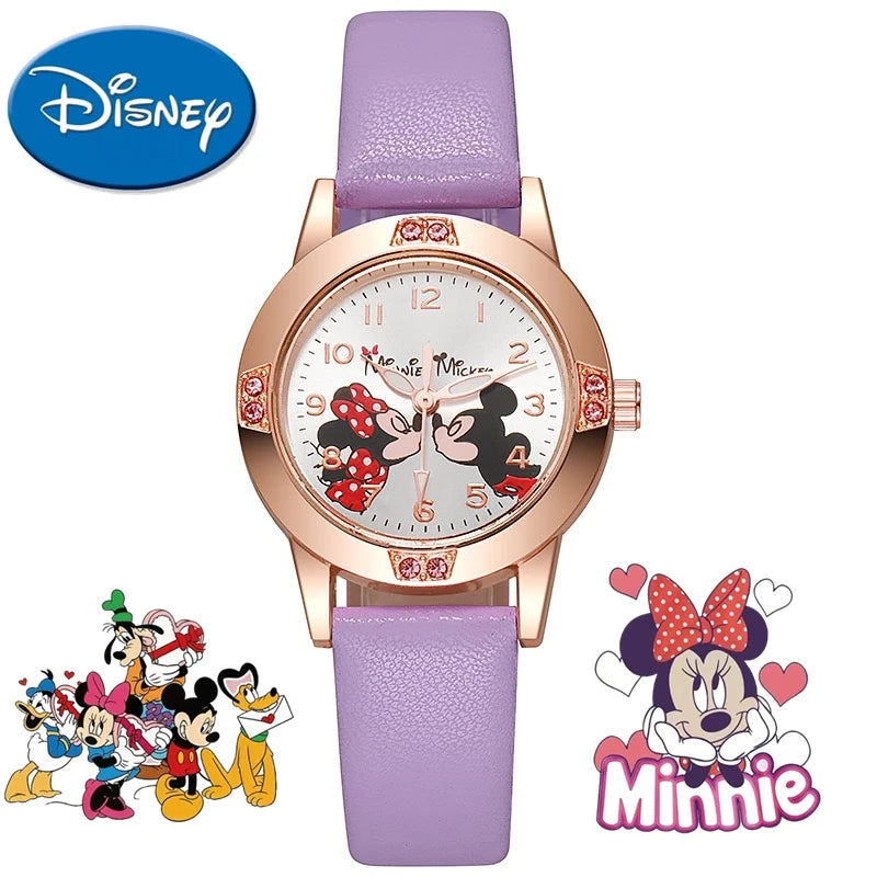 Disney Mickey Mouse Cute Fashion Cartoon Children's Watch Leather Strap Suitable for Boys and Girls Quartz Watch Festival Gift