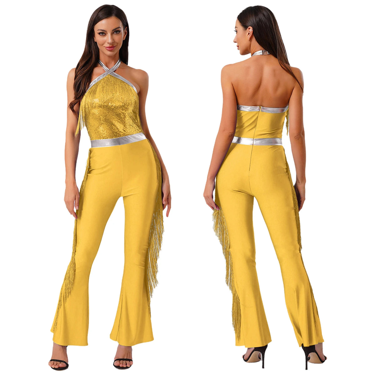 Women 70-80s Disco Latin Jazz Dance Cha-cha Bodysuit Shiny Sequin Tassel Jumpsuit Halloween Carnival Cosplay Performance Costume