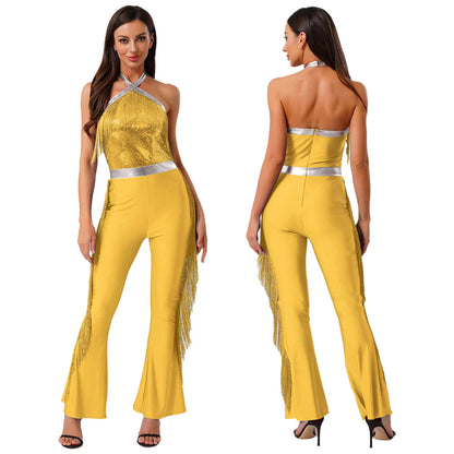 Women 70-80s Disco Latin Jazz Dance Cha-cha Bodysuit Shiny Sequin Tassel Jumpsuit Halloween Carnival Cosplay Performance Costume