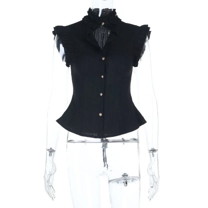 Goth Dark 90s Grunge Single Breasted Slim Wasit Shirt Blouses Women Alt Teachwear Mall Gothic Stringy Selvedge Sleeveless Shirts
