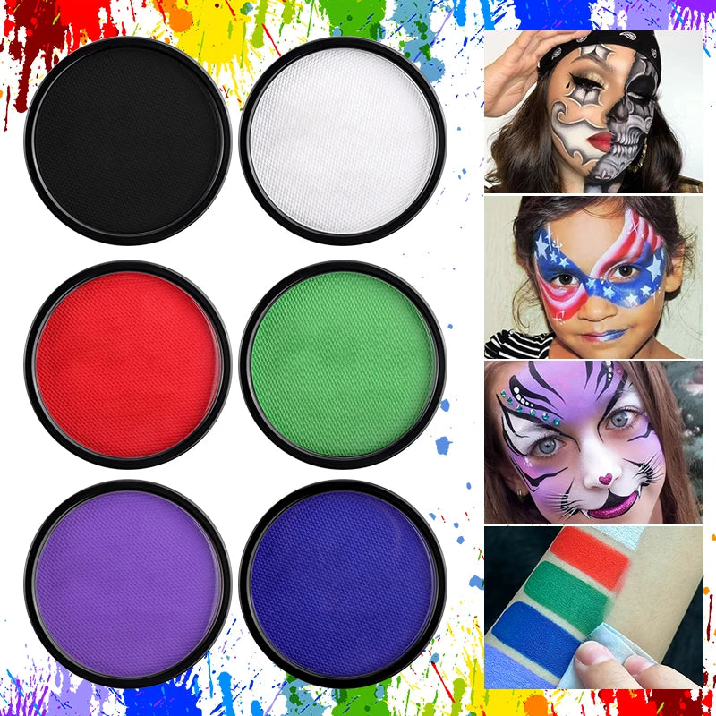 30g Water-Activated Monochromatic Face & Body Paint Coloring with brush Cosmetic Face Paint Halloween Party Body Painting Makeup