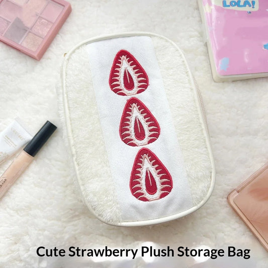 Cute Embroidered Strawberry Pencil Case Portable Stationery Pen Box Multi Functional Large Capacity Makeup Bag Storage Bag