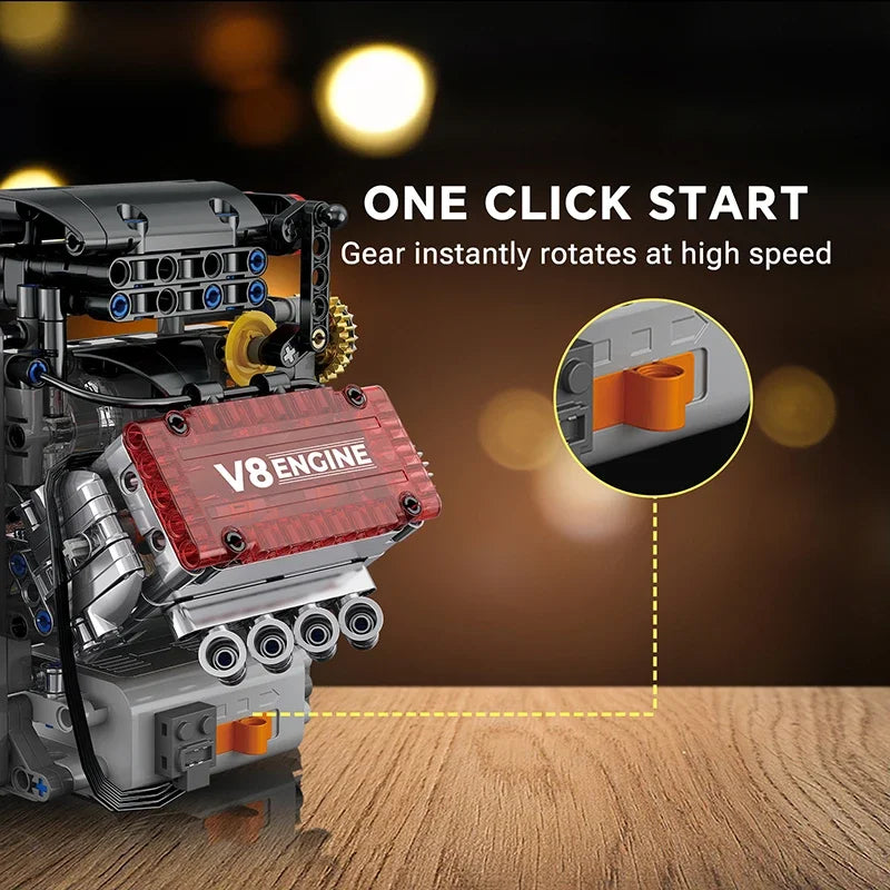 Brick V8 Engine Motorized Simulation Model Electrically Drive Building Blocks Technical Car Parts Creative Toys Gifts Boys Adult