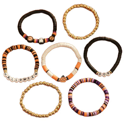 FTCY 7pcs Halloween Bracelet for Men Women Retro Spooky Pumpkin Polymer Clay Beaded Bracelet Set Cosplay Party Jewelry Gift