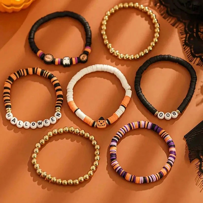 FTCY 7pcs Halloween Bracelet for Men Women Retro Spooky Pumpkin Polymer Clay Beaded Bracelet Set Cosplay Party Jewelry Gift