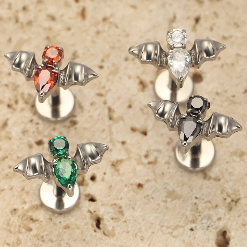 PUTITUP F136 Titanium Halloween Bat Earrings Vampire Style Inlaid Zirconia Gothic Ear Bone Lip Stud Body Piercing Jewellery