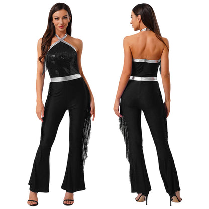 Women 70-80s Disco Latin Jazz Dance Cha-cha Bodysuit Shiny Sequin Tassel Jumpsuit Halloween Carnival Cosplay Performance Costume