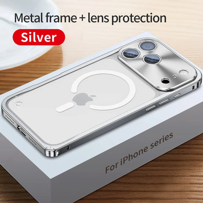 Buckle Metal Frame Phone Case For Iphone 17 18 Pro Max Magnetic Aluminum Frosted PC Matte Back Panel Phone Cover For Magsafe