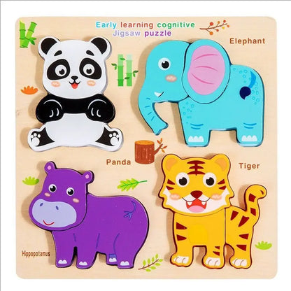Montessori Wooden 3D Puzzle for Toddlers Animal & Vehicle Shape Matching Blocks Educational Sensory Learning Toy Kids 1-3 Years