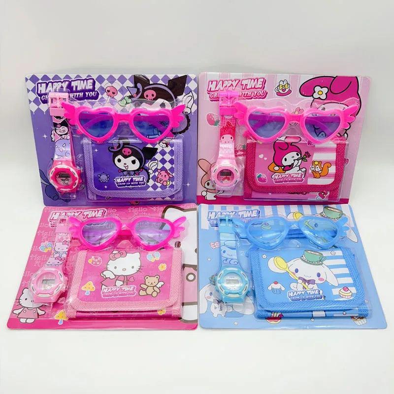 Fashion 3ps Unicorn Hello Kitty Girls Watch Kids with Wallet Glasses Cartoon Spiderman Watch Children Clock Toys set