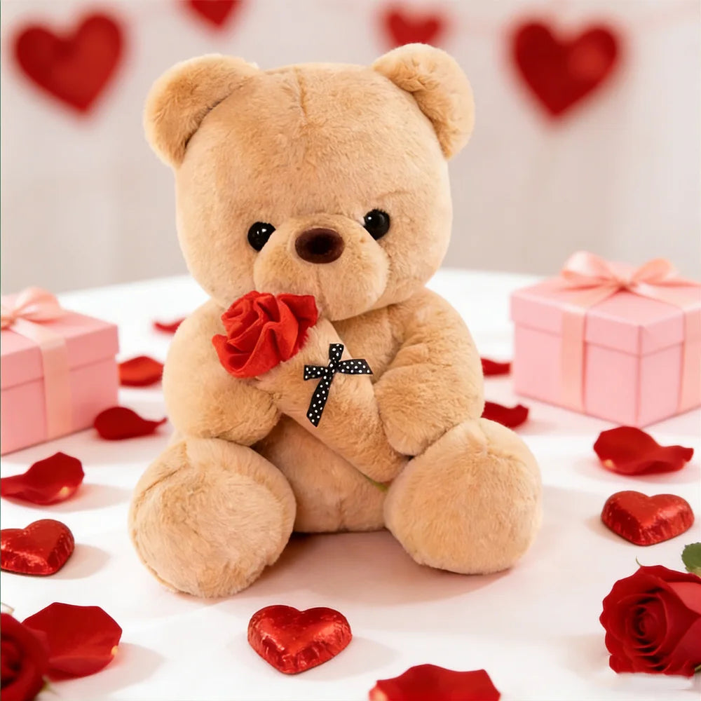 Wedding Rose Bear Plush Toy Cute Stuffed Animal Gift for Valentines Day Anniversary and Romantic Celebration Decor