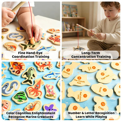 Wooden Magnetic Fishing Toy Montessori Marine Cognition Hand Eye Coordination Kids Early Educational Parent Child Birthday Gifts
