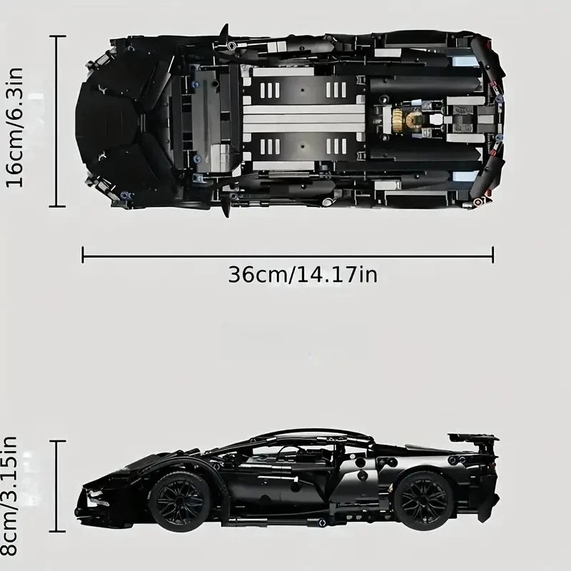 1:14 Black Sports Car Building Blocks Set 1000PCS+, Suitable for 14+, Educational Assembled Model, Home Decoration & Gift