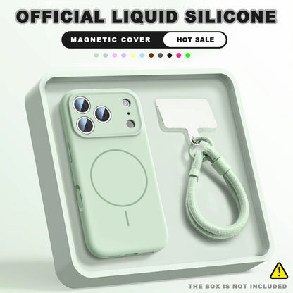 Magnetic Wrist Strap Liquid Silicone Phone Case For iPhone 11 12 13 16 17 Pro Max Air 15 14 16 Plus 16E Magsafe Lanyard Cover