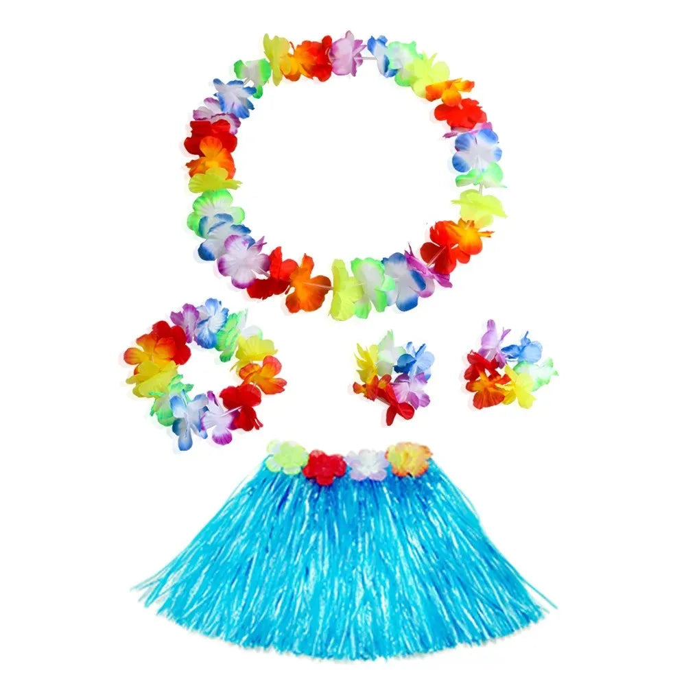 Hawaiian Dance Child Skirt with Leis Costume, Elastic Luau Grass, Hawaiian Flower Bracelets, Headband, Necklace, 40cm, 5pcs 6Pcs