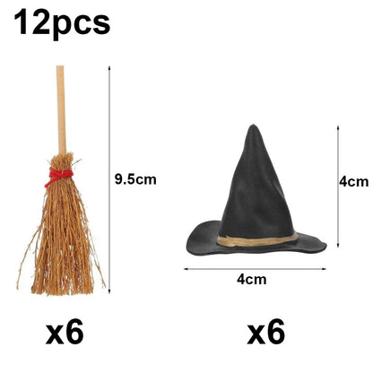 12Pcs Mini Witch Hats and Brooms Cake Toppers Halloween Mini Wizard Hats Cake Decorations for Birthday Wedding DIY Party Favors