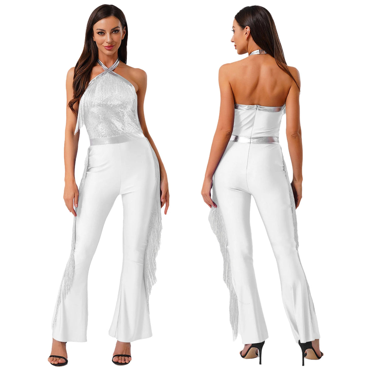 Women 70-80s Disco Latin Jazz Dance Cha-cha Bodysuit Shiny Sequin Tassel Jumpsuit Halloween Carnival Cosplay Performance Costume