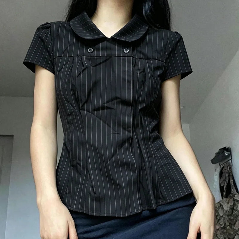 Fashion New Women Y2k Short-sleeved Shirt with Casual Striped Pattern Turn-down Collar Buttoned T-shirt Punk Gothic Streetwear