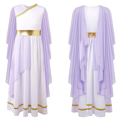 Girls Athena Costume Greek Princess Dress Ancient Greece Roman Toga with Laurel Headwear Halloween Carnival Cosplay Outfits Sets