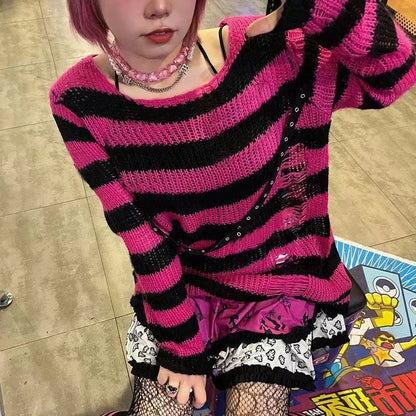 New Streetwear Top Punk Gothic Long Unisex Sweater Summer Women Striped Cool Hollow Out Hole Broken Jumper Loose Rock Thin Dark