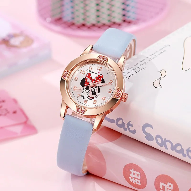 Disney Mickey Mouse Cute Fashion Cartoon Children's Watch Leather Strap Suitable for Boys and Girls Quartz Watch Festival Gift