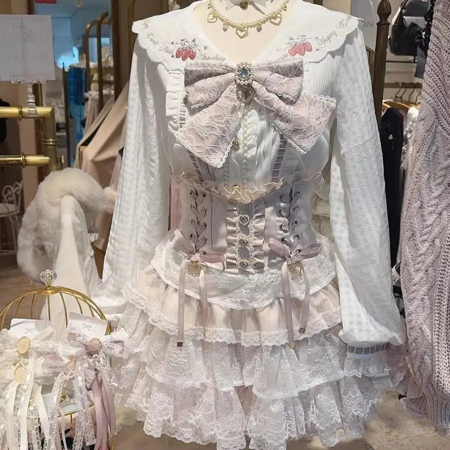 Japanese Sweet Lolita Style Mini Skirt Women Elegant Lace Bandage Party Cake Skirts Female Gothic Y2k Metal Buckle Skirt