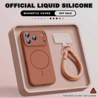 Magnetic Wrist Strap Liquid Silicone Phone Case For iPhone 11 12 13 16 17 Pro Max Air 15 14 16 Plus 16E Magsafe Lanyard Cover