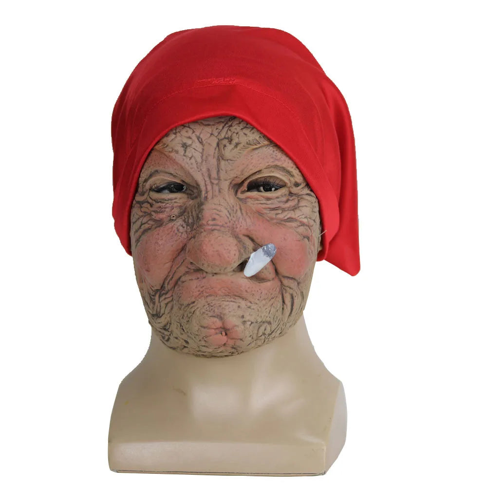 Funny Smoking Granny Old Nana Latex Mask Lady Grandma With Wrinkled Face and Red Scarf Masks Halloween Party Costume Props