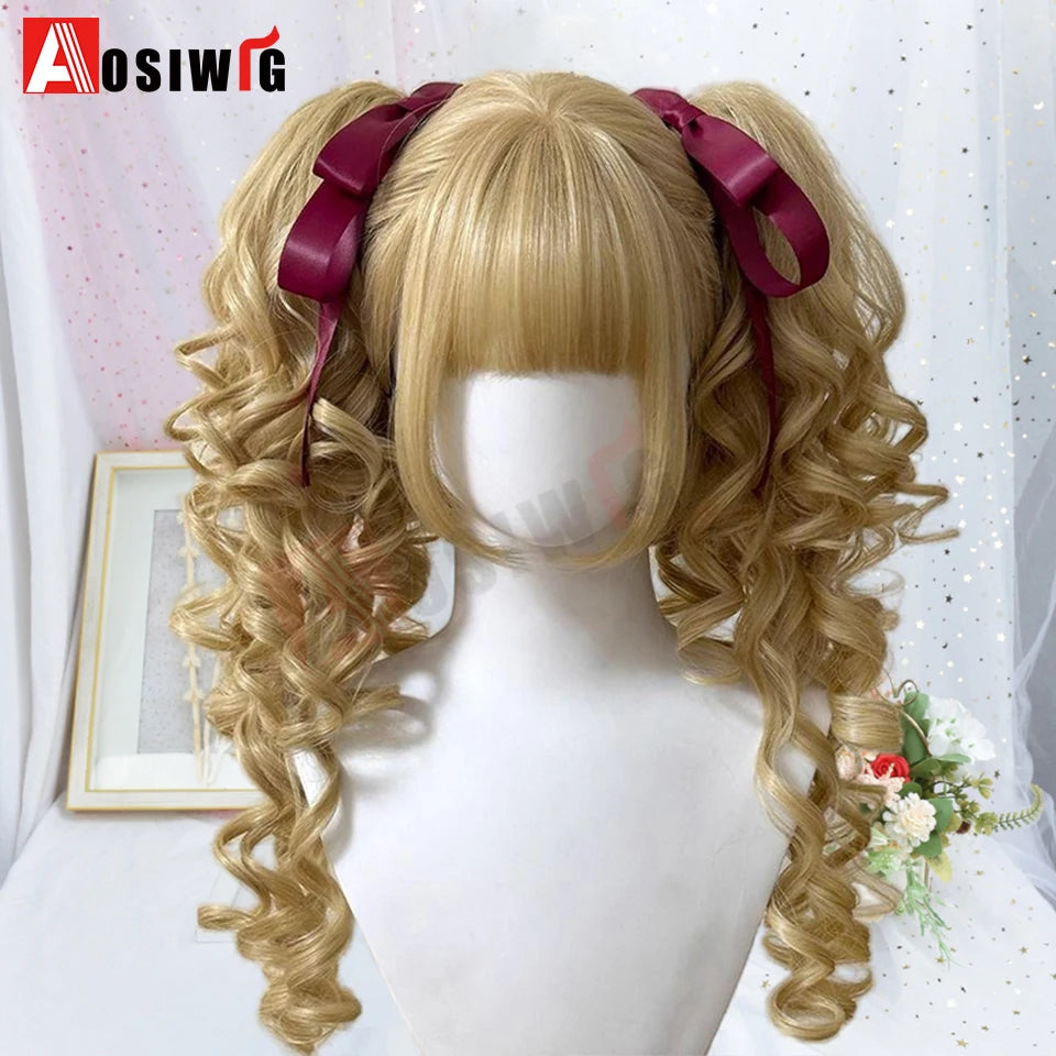Synthetic Princess Cut Double Ponytail Lolita Wig with Bangs Girl Ombre Blonde Brown White Gray Cosplay Halloween Harajuku Wig