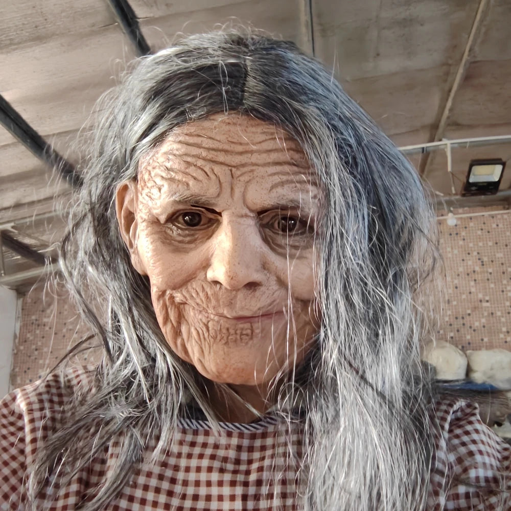 Realistic Granny Old Woman Latex Mask Moving Mouth Soft Rubber Grandma Masque with Grey Hair for Halloween Costume Accessories