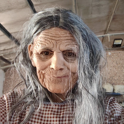 Realistic Granny Old Woman Latex Mask Moving Mouth Soft Rubber Grandma Masque with Grey Hair for Halloween Costume Accessories