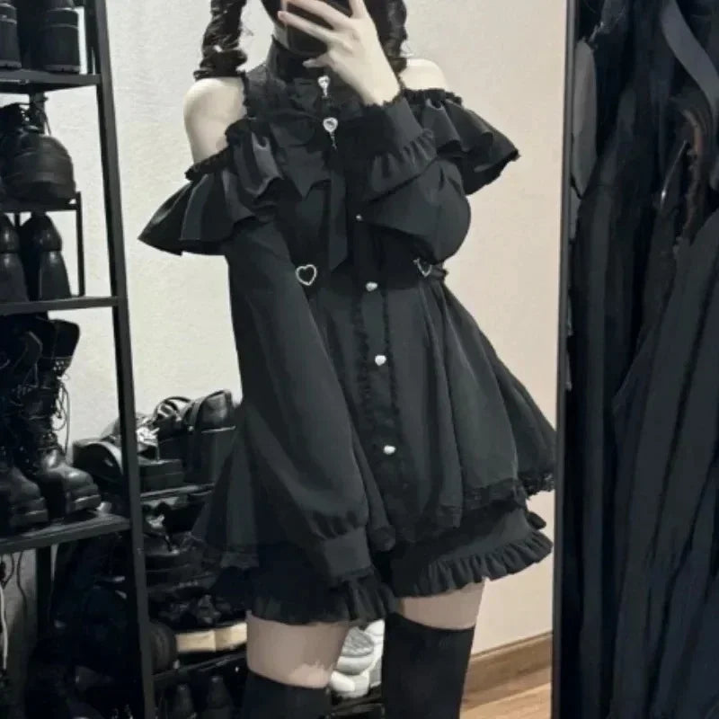 Gothic Vintage Lace Y2k Mini Dress Women Design Streetwear Black Lolita Slim Dress Long Sleeve Elegant Dress Spicy Girls